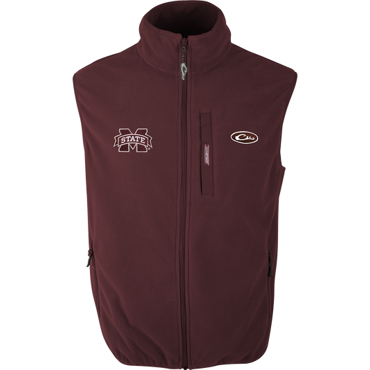 Mississippi State Camp Fleece Vest: Windproof, water resistant, ultra-warm vest with logo embroidery on right chest. Stand-up collar, Magnattach™ pocket, and hand warmer pockets.