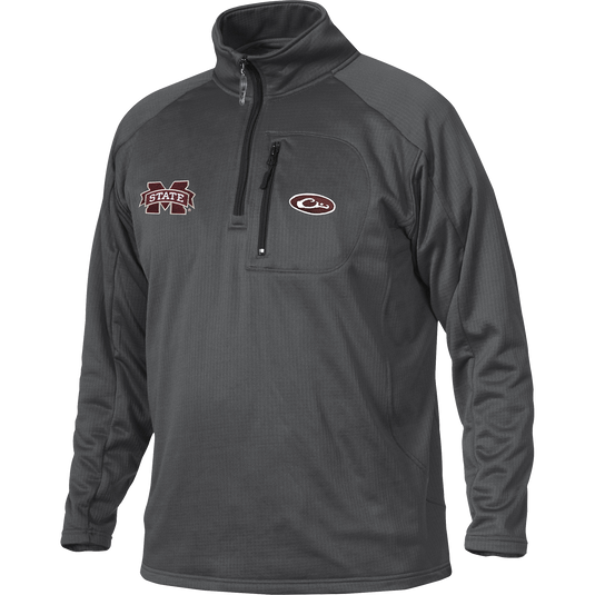 A grey jacket with the Mississippi State logo embroidered on the right chest. Made of 100% polyester with 4-way stretch and square check fleece backing. Features a vertical front chest zippered pocket. Ideal for active outdoorsmen in cool weather.