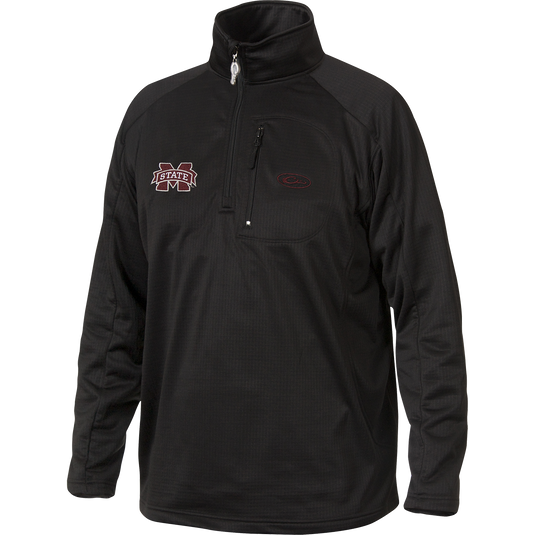 A black jacket with a logo on the right chest, perfect for active outdoorsmen. Made of 100% polyester with 4-way stretch and square check fleece backing. Features a vertical front chest zippered pocket. Mississippi State Breathelite 1/4 Zip.