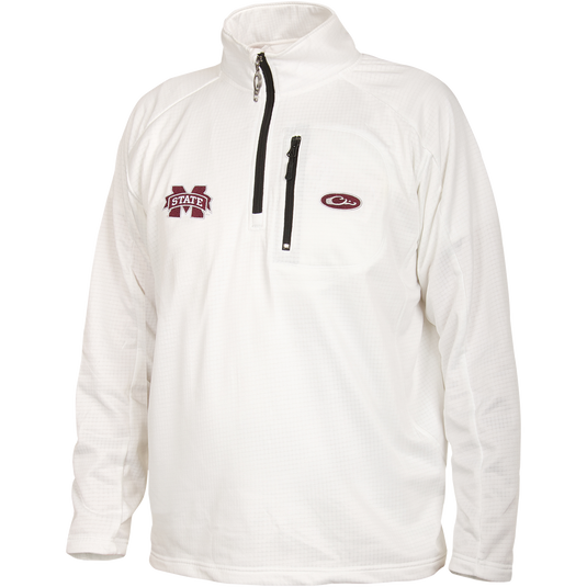 A white Mississippi State Breathelite 1/4 Zip jacket with logo embroidery on the right chest. Constructed of 100% polyester with 4-way stretch and square check fleece backing. Features a vertical front chest zippered pocket. Ideal for active outdoors-men in cool weather.