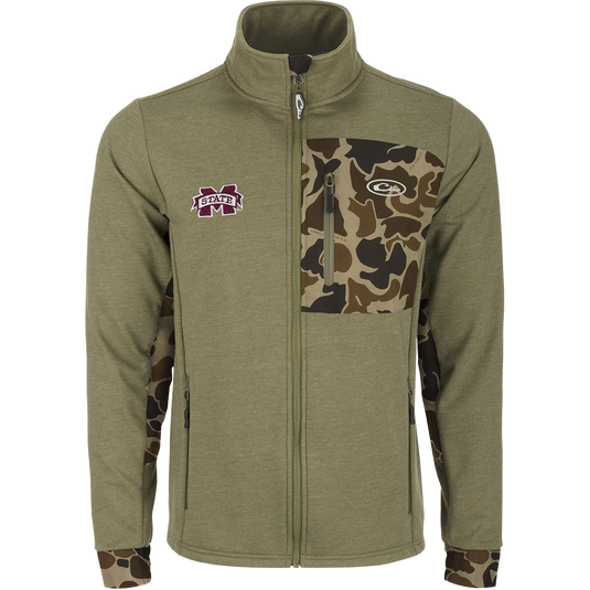 A mid-weight Hybrid Windproof Jacket with a camouflage design, functional left chest pocket, and fleece backing. Perfect for cool days and game day!