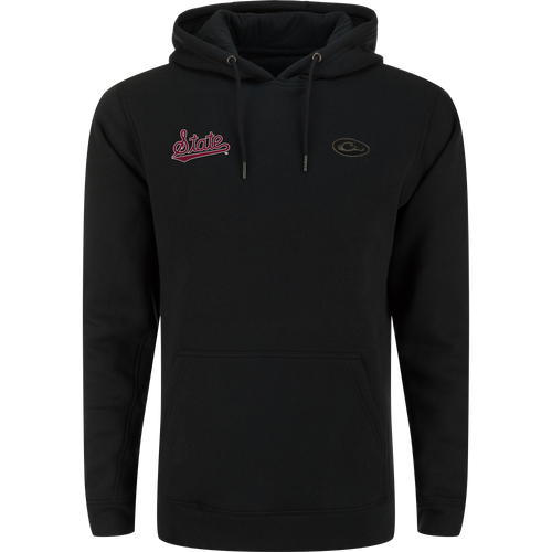 Mississippi State Three End Hoodie: Black pullover with maroon State logo, oval emblem, kangaroo pocket, and drawstring hood; made with stretchable BCI cotton-polyester blend.