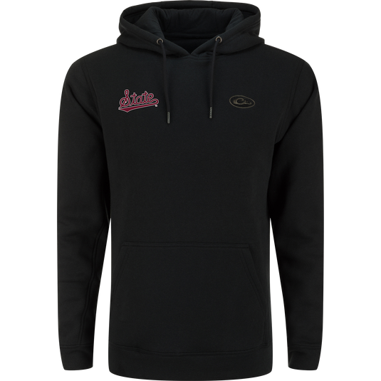 Mississippi State Three End Hoodie: Black pullover with maroon State logo, oval emblem, kangaroo pocket, and drawstring hood; made with stretchable BCI cotton-polyester blend.
