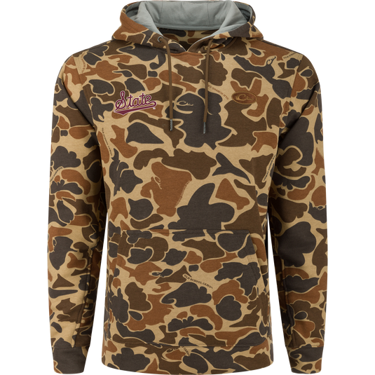 Mississippi State Three End Hoodie featuring camouflage print, drawstring hood, kangaroo pocket, and embroidered logo, ideal for versatile outdoor and casual wear.