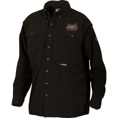 Mississippi State Wingshooter's Shirt L/S with chest pockets, Drake logo, and M STATE embroidery; features snap-closure pockets and front-back ventilation for breathability.