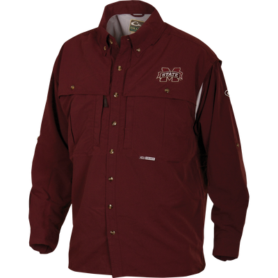Mississippi State Wingshooter's Shirt L/S with embroidered logo, features chest pockets, ventilation, and quick-drying fabric. Ideal for hunting and game day comfort.