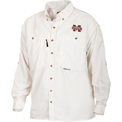 Mississippi State Wingshooter's Shirt L/S with two chest pockets, maroon M STATE patch, ventilation features, and a small Drake label, ideal for warm-weather activities.