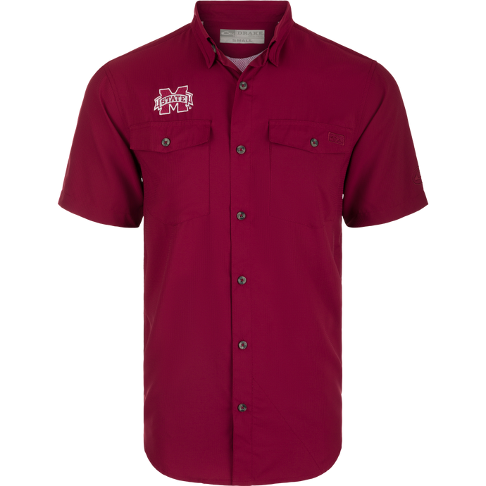 Mississippi State Frat Dobby Solid Short Sleeve Shirt with logo on red surface. Classic fit, hidden button-down collar, vented cape back.