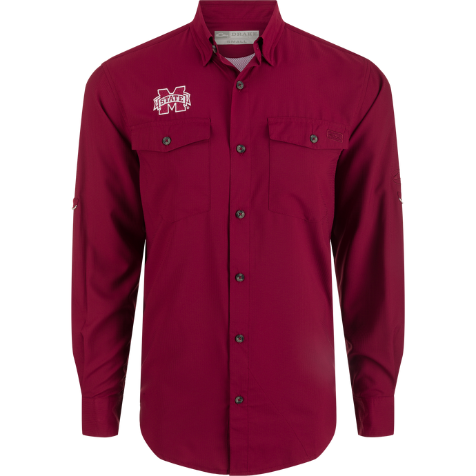 Mississippi State Frat Dobby Shirt with hidden collar and button-down pockets, featuring UPF30 sun protection and moisture-wicking fabric.