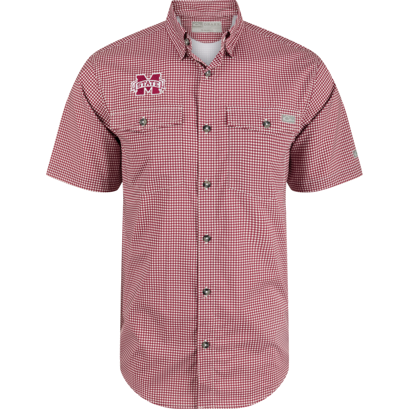 Mississippi State Frat Gingham Shirt with hidden collar, chest pockets, and vented cape back. Lightweight, stretchy, and moisture-wicking fabric.