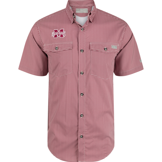 Mississippi State Frat Gingham Shirt with hidden collar, chest pockets, and vented cape back. Lightweight, stretchy, and moisture-wicking fabric.