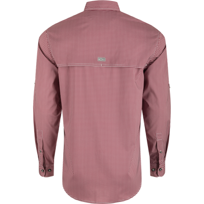 Mississippi State Frat Gingham Shirt with hidden collar, chest pockets, and adjustable sleeves. Lightweight, stretchy, and moisture-wicking.