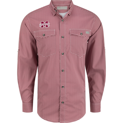Mississippi State Frat Gingham shirt with hidden collar, chest pockets, and adjustable sleeves. Lightweight, stretchy fabric with sun protection.