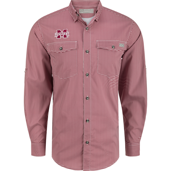 Mississippi State Frat Gingham shirt with hidden collar, chest pockets, and adjustable sleeves. Lightweight, stretchy fabric with sun protection.