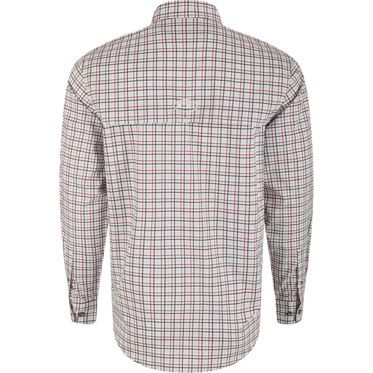 Mississippi State Frat Tattersall Long Sleeve Shirt - Back view of a lightweight, moisture-wicking shirt with hidden button-down collar and vented cape back.