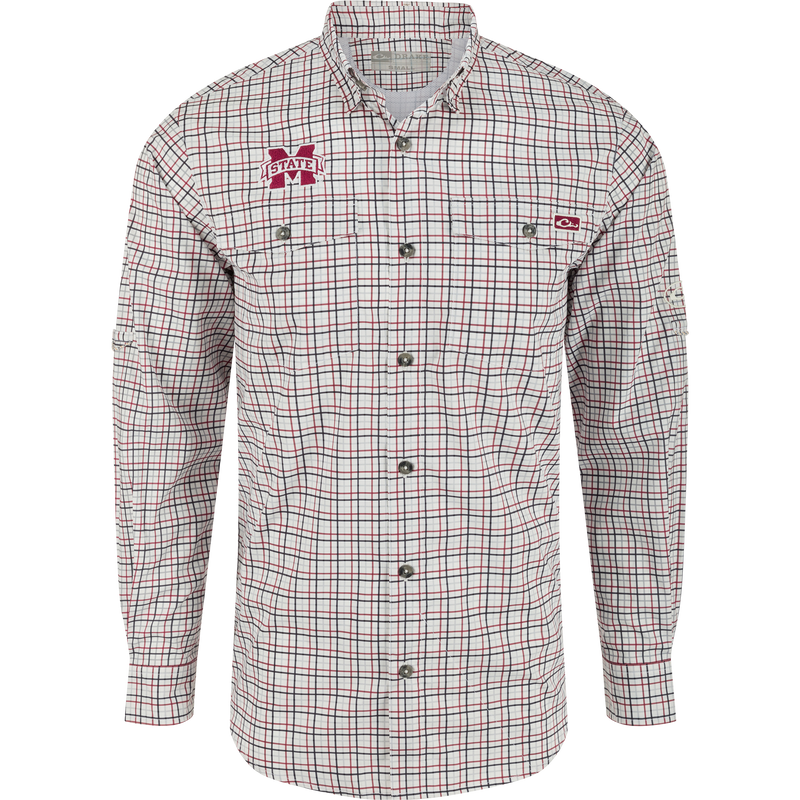 Mississippi State Frat Tattersall Long Sleeve Shirt with logo, hidden collar, chest pockets, and adjustable sleeves.