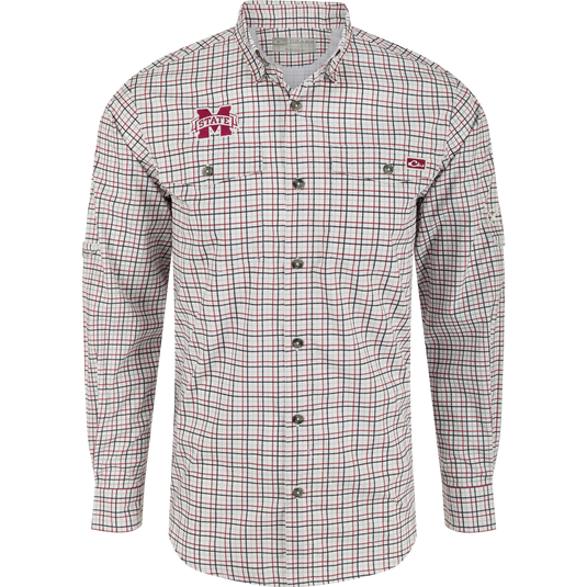 Mississippi State Frat Tattersall Long Sleeve Shirt with logo, hidden collar, chest pockets, and adjustable sleeves.