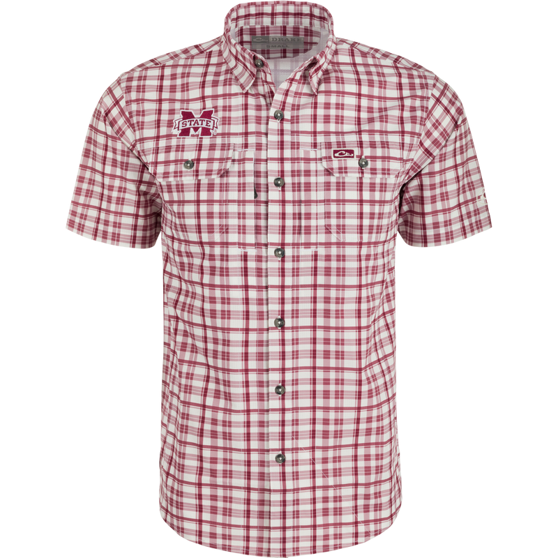 Mississippi State Hunter Creek Plaid Shirt with hidden collar, chest pockets, and vented back. Lightweight, moisture-wicking, and UPF 30 protection.