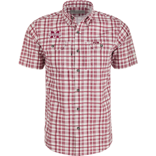 Mississippi State Hunter Creek Plaid Shirt with hidden collar, chest pockets, and vented back. Lightweight, moisture-wicking, and UPF 30 protection.