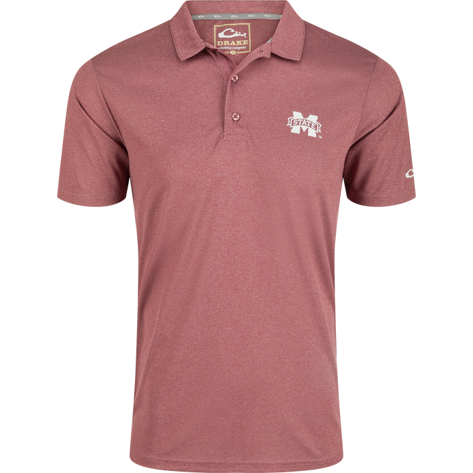 Mississippi State Vintage Heather Polo: A red polo shirt with the official Mississippi State logo on the left chest. Four-way stretch, quick-drying, moisture-wicking, and breathable fabric with a vintage heather finish. Perfect for Bulldogs fans.
