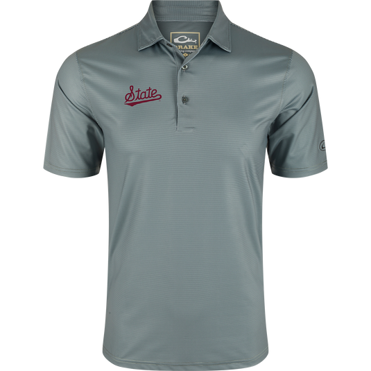 Mississippi State Chalk Stripe Polo with fine stripes, red State logo, two-button placket, performance fabric, ideal for gameday or office.