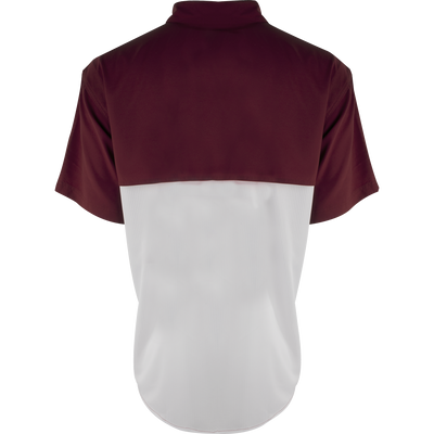 Mississippi State S/S Mesh Back Flyweight Shirt, showcasing maroon yoke and white body, ideal for warm-weather activities with breathable, quick-drying polyester and embroidered logo.