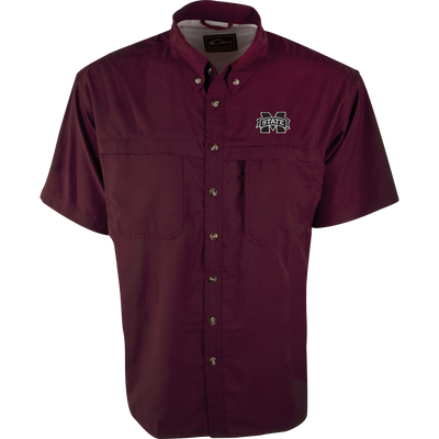Mississippi State S/S Mesh Back Flyweight Shirt with embroidered logo, vented mesh back, and chest pockets, ideal for warm-weather outdoor activities.