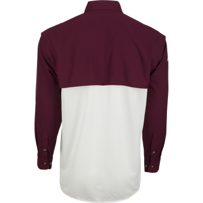 Back view of the Mississippi State L/S Mesh Back Flyweight Shirt, featuring a burgundy and white design with vented shoulders and buttoned cuffs, ideal for outdoor activities.