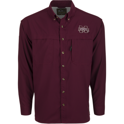 Mississippi State L/S Mesh Back Flyweight Shirt, featuring button-down collar, dual chest pockets, and embroidered logo, ideal for warm-weather outdoor activities with breathable, quick-drying fabric.