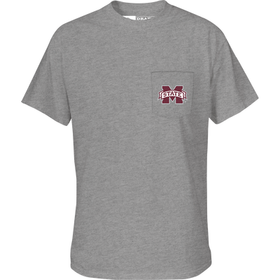 Mississippi State Beach T-Shirt: Grey tee with logo on chest pocket. Back features beach scene with school's logo and catch phrase in school colors. Cotton/poly blend fabric, tag-less neck label for comfort. Final Sale.