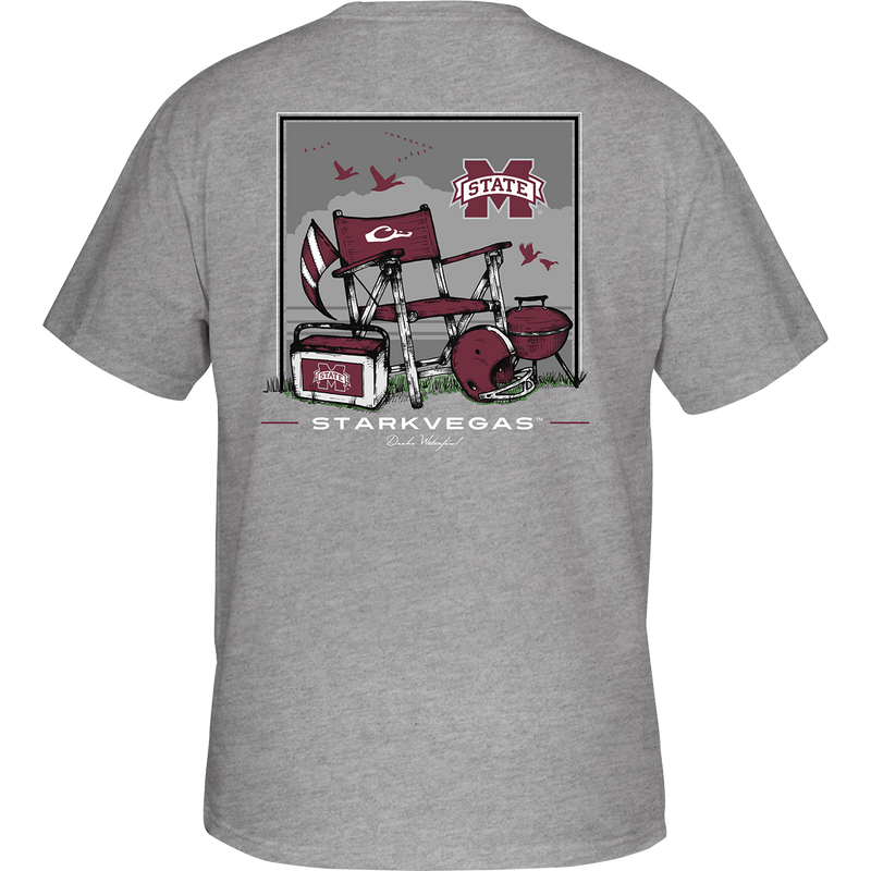 Mississippi State Beach T-Shirt: Back of a grey t-shirt with a beach scene featuring a picnic table, flag, and your school's logo. Front left chest has the Drake logo.