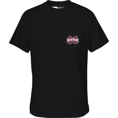 Mississippi State Black Lab T-Shirt with school logo on chest pocket and black lab head scene on back. Drake Waterfowl signature casual apparel.