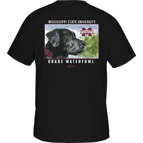 Mississippi State Black Lab T-Shirt with school logo on front pocket and black lab head scene on back, featuring Drake Waterfowl logo.