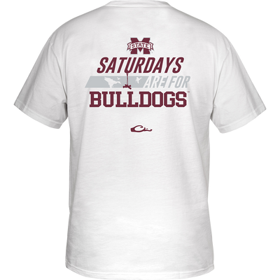 Mississippi State Saturdays T-Shirt: Back of a white shirt with red text saying 