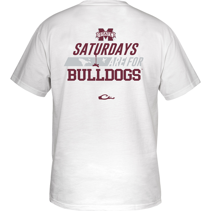 Mississippi State Saturdays T-Shirt: Back of a white shirt with red text saying 