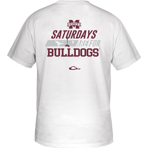 Mississippi State Saturdays T-Shirt: Back of a white shirt with red text saying 