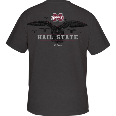 Mississippi State Cupped Up T-Shirt with back artwork of a duck landing, logo, and catch phrase. Front features logo on chest pocket.