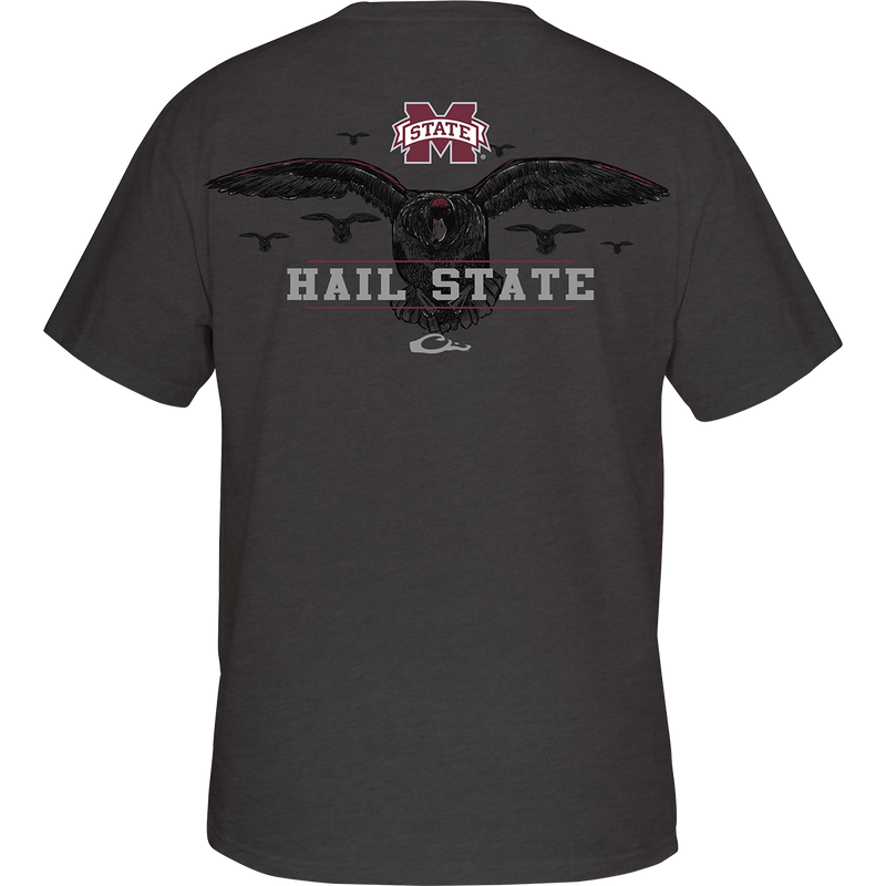 Mississippi State Cupped Up T-Shirt with back artwork of a duck landing, logo, and catch phrase. Front features logo on chest pocket.