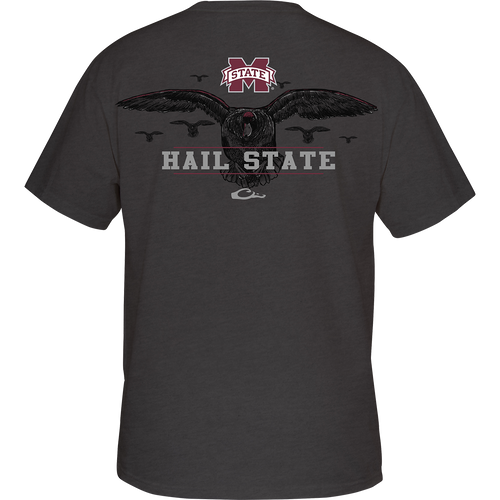 Mississippi State Cupped Up T-Shirt with back artwork of a duck landing, logo, and catch phrase. Front features logo on chest pocket.