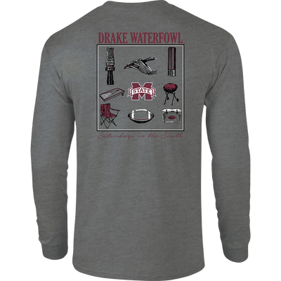 Mississippi State Sportsman T-Shirt: Back of a grey long-sleeved shirt with a stylized scene showcasing items used on 