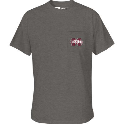 A grey t-shirt with the Mississippi State Drake Lab logo pocket on the front.