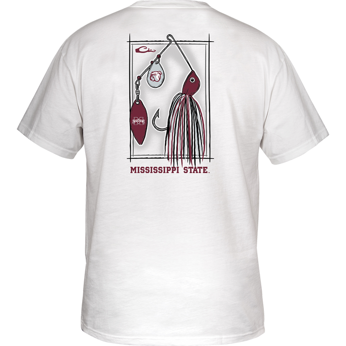 Mississippi State Drake Lure T-Shirt: A white shirt with a graphic design of a fishing hook and lure on the back, and a school logo pocket on the front.