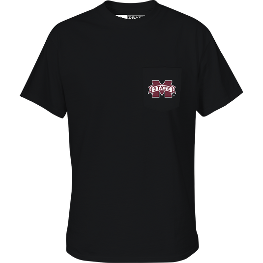 Mississippi State Drake Badge T-Shirt: A black shirt with a logo on the front pocket. Show your school spirit with this light and breathable tee, perfect for cheering on the Rebels! Crafted from a cotton-polyester blend.