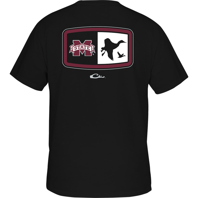 Mississippi State Drake Badge T-Shirt: Back view of a black shirt with a logo featuring a state university and a silhouette of a bird. Perfect for showing school spirit. Crafted from a cotton/polyester blend, light and breathable. Features a front pocket and classic style.