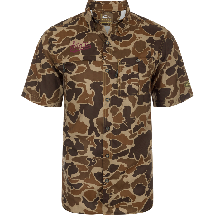 Mississippi State 8-Shot Short Sleeve Shirt with camo pattern, featuring chest pockets, vented cape back, and hidden zippers for functionality.