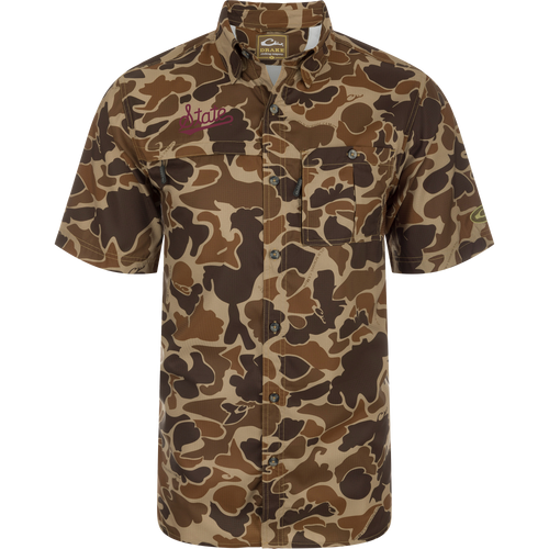 Mississippi State 8-Shot Short Sleeve Shirt with camo pattern, featuring chest pockets, vented cape back, and hidden zippers for functionality.