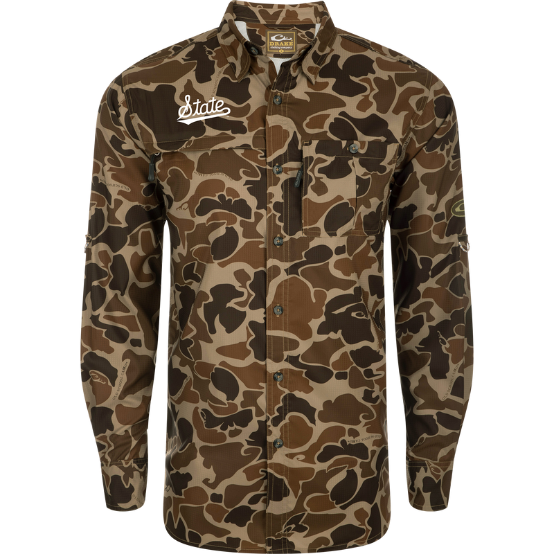 Mississippi State 8-Shot Long Sleeve Shirt with camo pattern, featuring dual chest pockets, State embroidery, and a button-down collar, designed for comfort and performance.