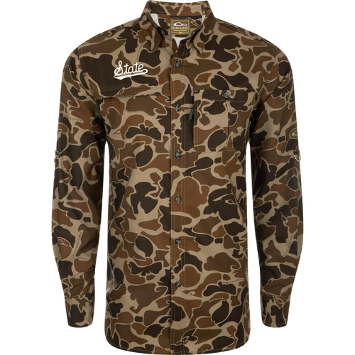 Mississippi State 8-Shot Long Sleeve Shirt with camo pattern, featuring dual chest pockets, State embroidery, and a button-down collar, designed for comfort and performance.
