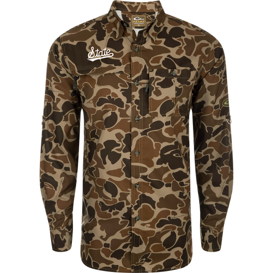 Mississippi State 8-Shot Long Sleeve Shirt with camo pattern, featuring dual chest pockets, State embroidery, and a button-down collar, designed for comfort and performance.