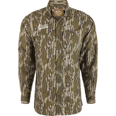 Mississippi State 8-Shot Long Sleeve Shirt with woodland camo, button-up design, two chest pockets, and moisture-wicking fabric, ideal for hunting and outdoor activities.